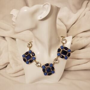 Talbots Blue Clear Rhinestone Chunky Statement Gold Tone Necklace